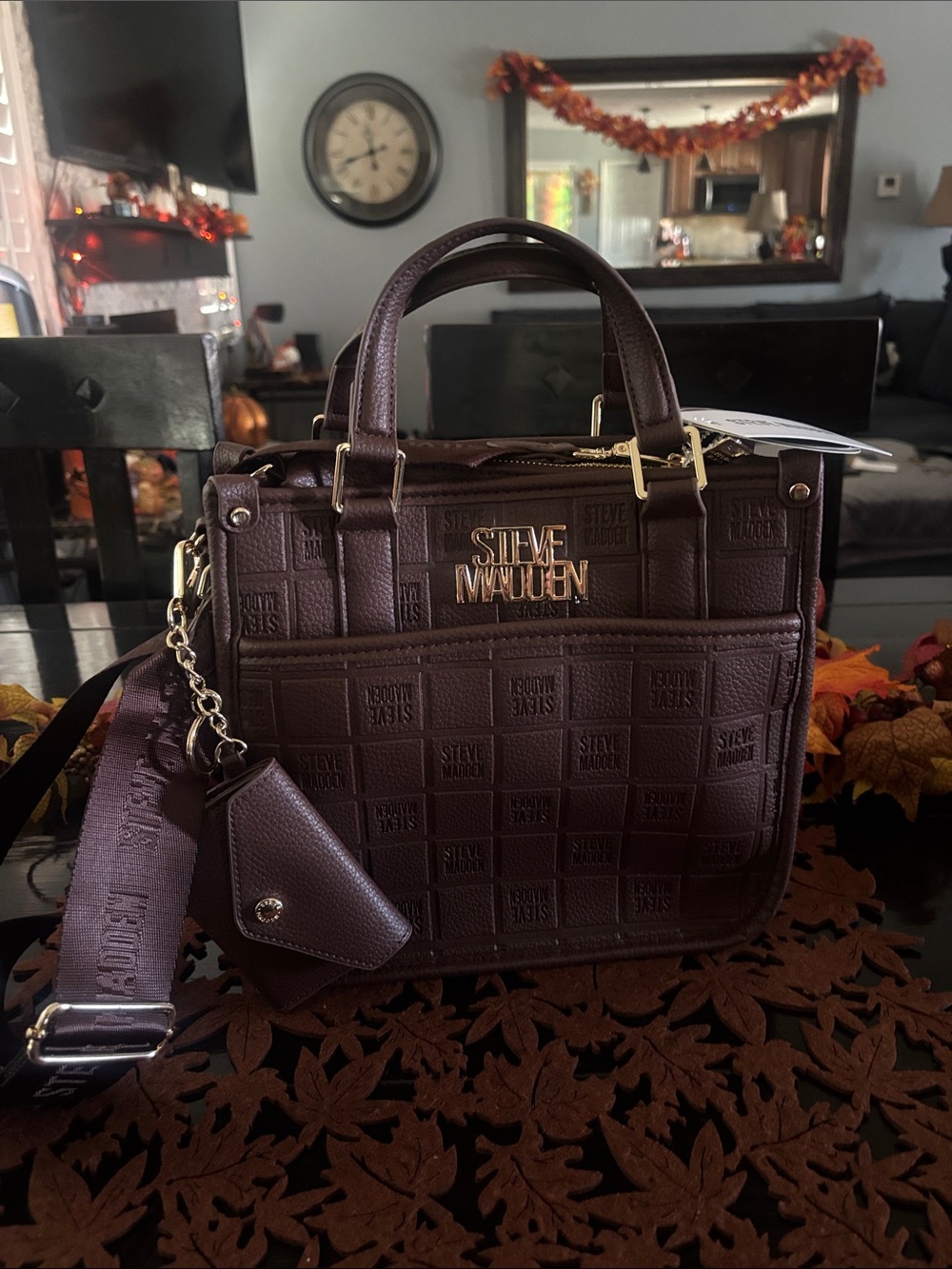 Steve Madden Small Embossed Satchel in Dark Brown
